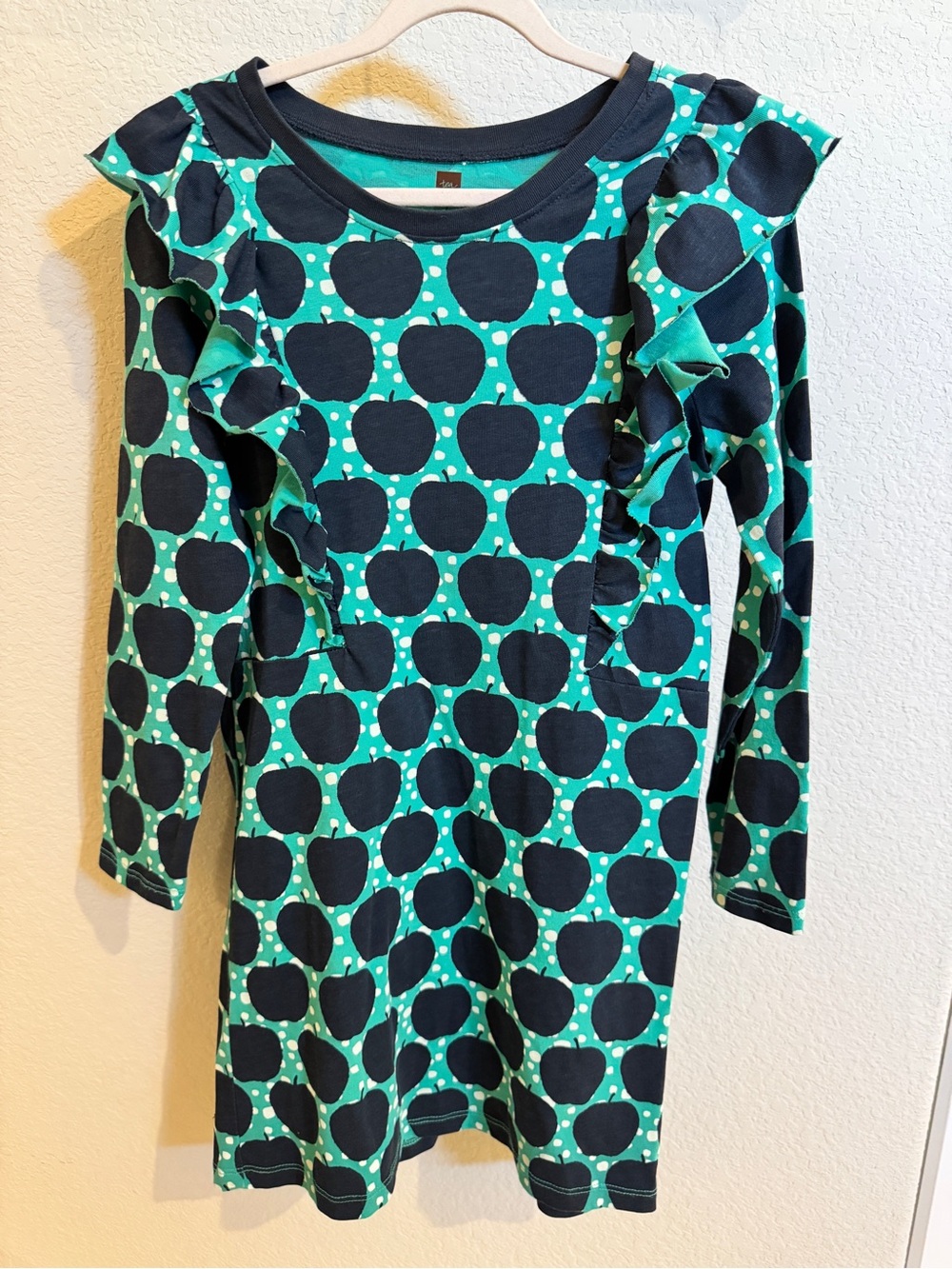 Tea Collection Teal and Black Ruffle-Trim Long Sleeve Dress